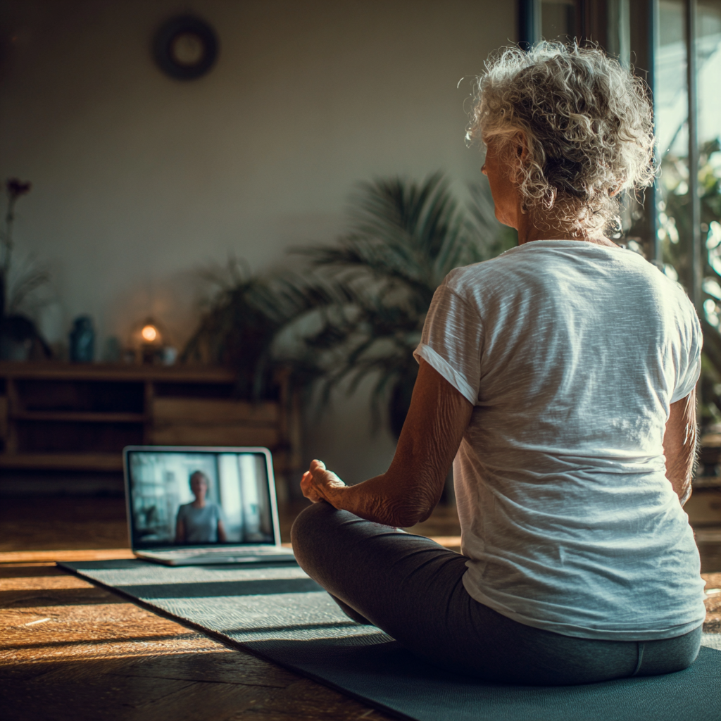 Жінка 58 років займається йогою вдома перед ноутбуком, онлайн-заняття з інструктором студії nulbranton