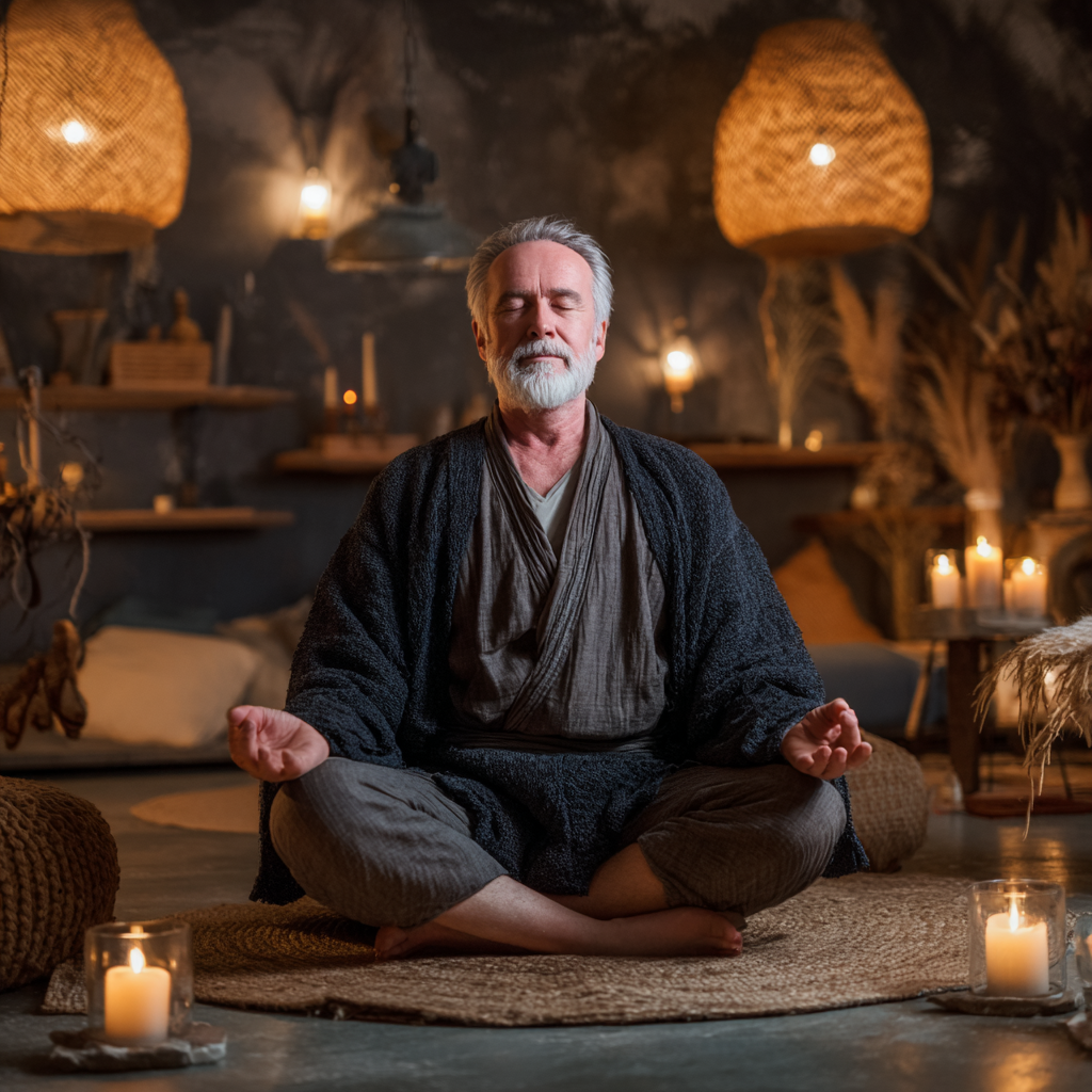 Чоловік 60 років медитує в позі лотоса в затишній йога-студії з природним декором та свічками