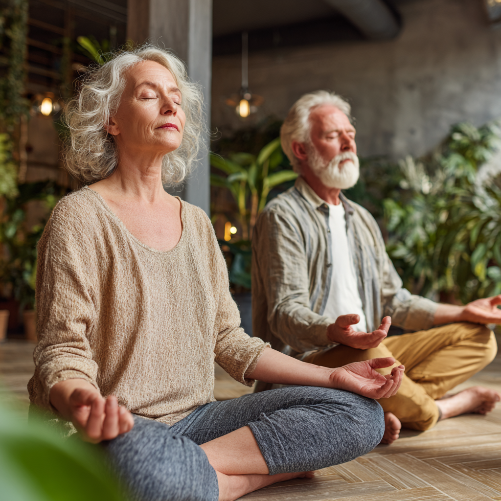 Пара людей 55-60 років виконує дихальні вправи в медитативній позі в світлій йога-студії з рослинами
